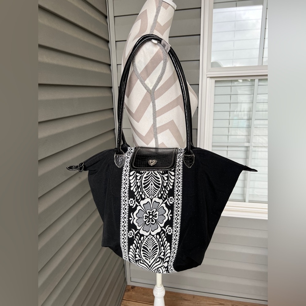 RARE- VTG Brighton Black/ White Embroidered Floral Foldable Fabric Tote Bag